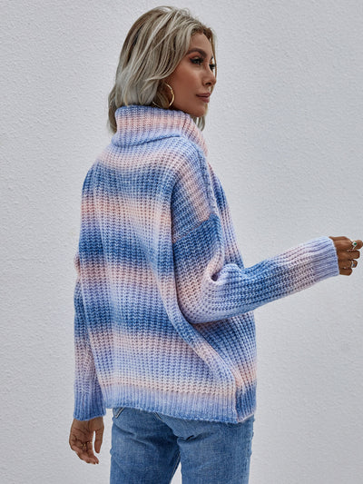 Rainbow Rib-Knit Turtleneck Drop Shoulder Sweater  | KIKI COUTURE-Women's Clothing, Designer Fashions, Shoes, Bags
