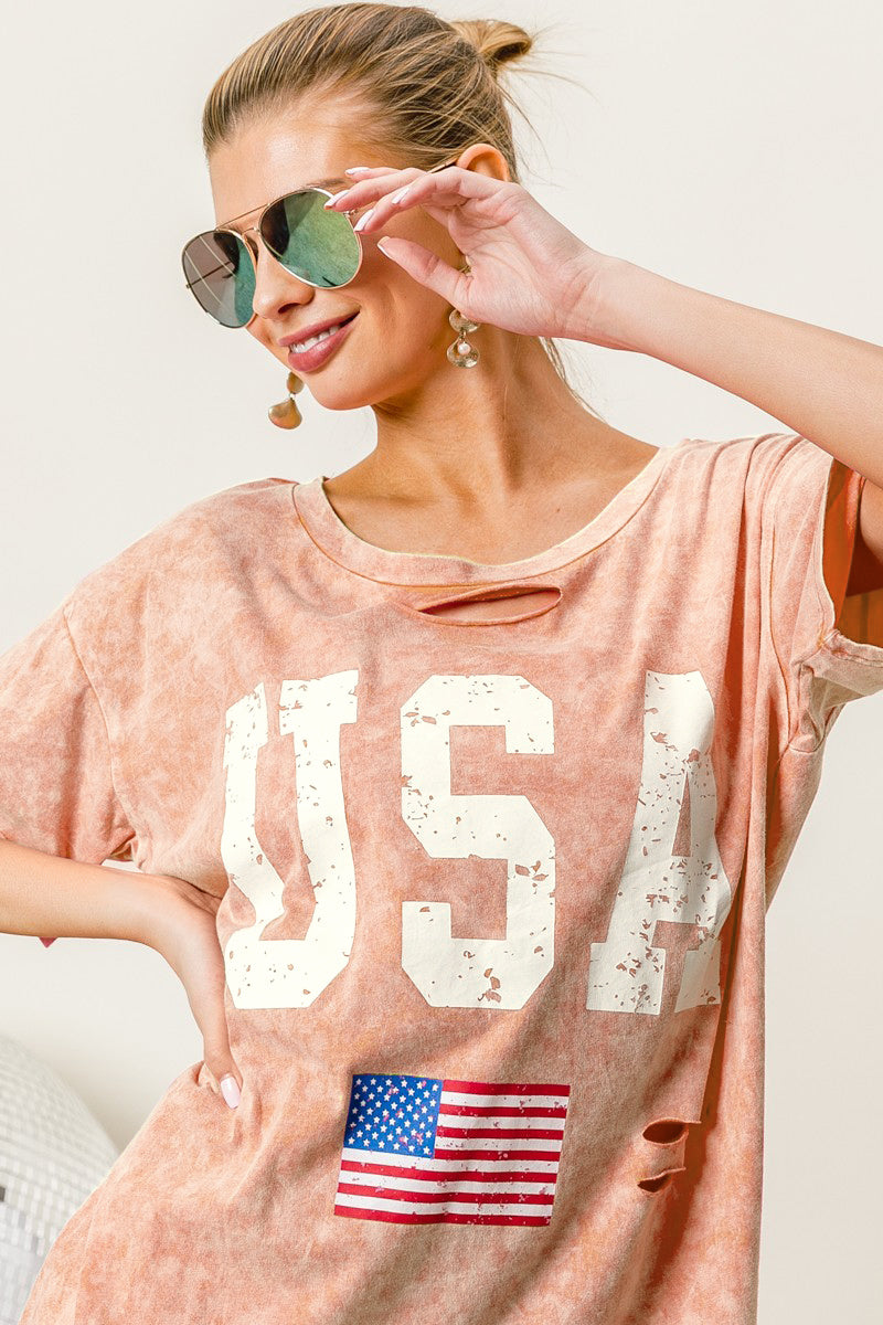 BiBi Washed American Flag Graphic Distressed T-Shirt  | KIKI COUTURE