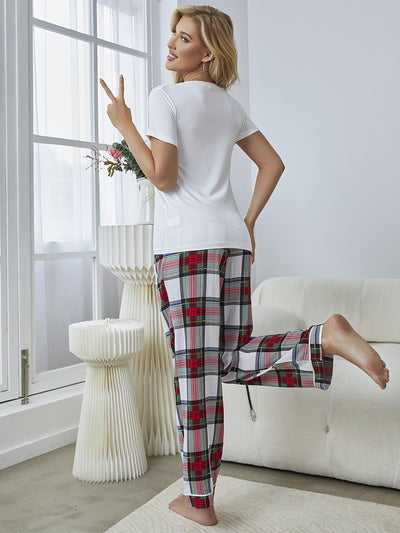 V-Neck Tee and Plaid Pants Lounge Set  | KIKI COUTURE-Women's Clothing, Designer Fashions, Shoes, Bags