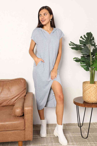 Double Take Short Sleeve Front Slit Hooded Dress  | KIKI COUTURE