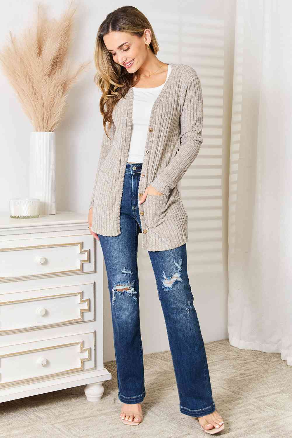 Double Take Ribbed Button-Up Cardigan with Pockets  | KIKI COUTURE