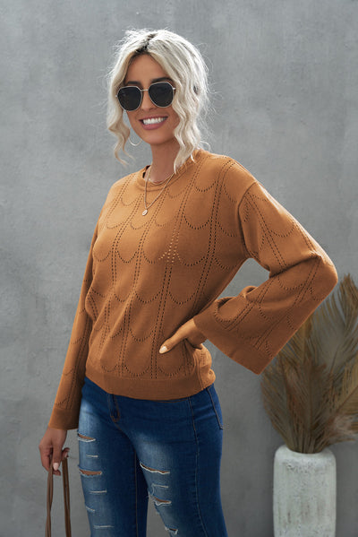 Openwork Flare Sleeve Pullover Sweater  | KIKI COUTURE-Women's Clothing, Designer Fashions, Shoes, Bags