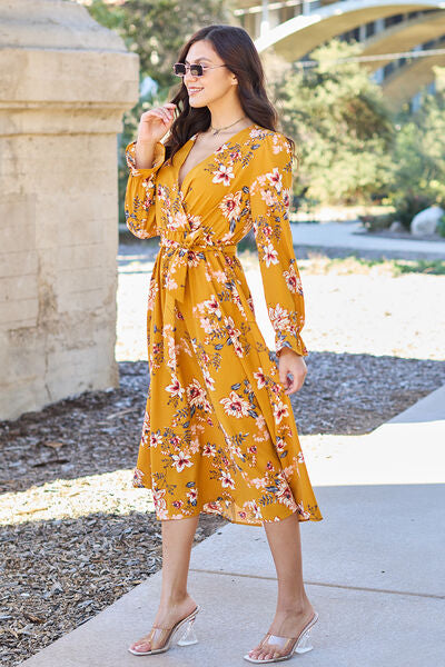 Double Take Full Size Floral Tie Back Flounce Sleeve Dress  | KIKI COUTURE