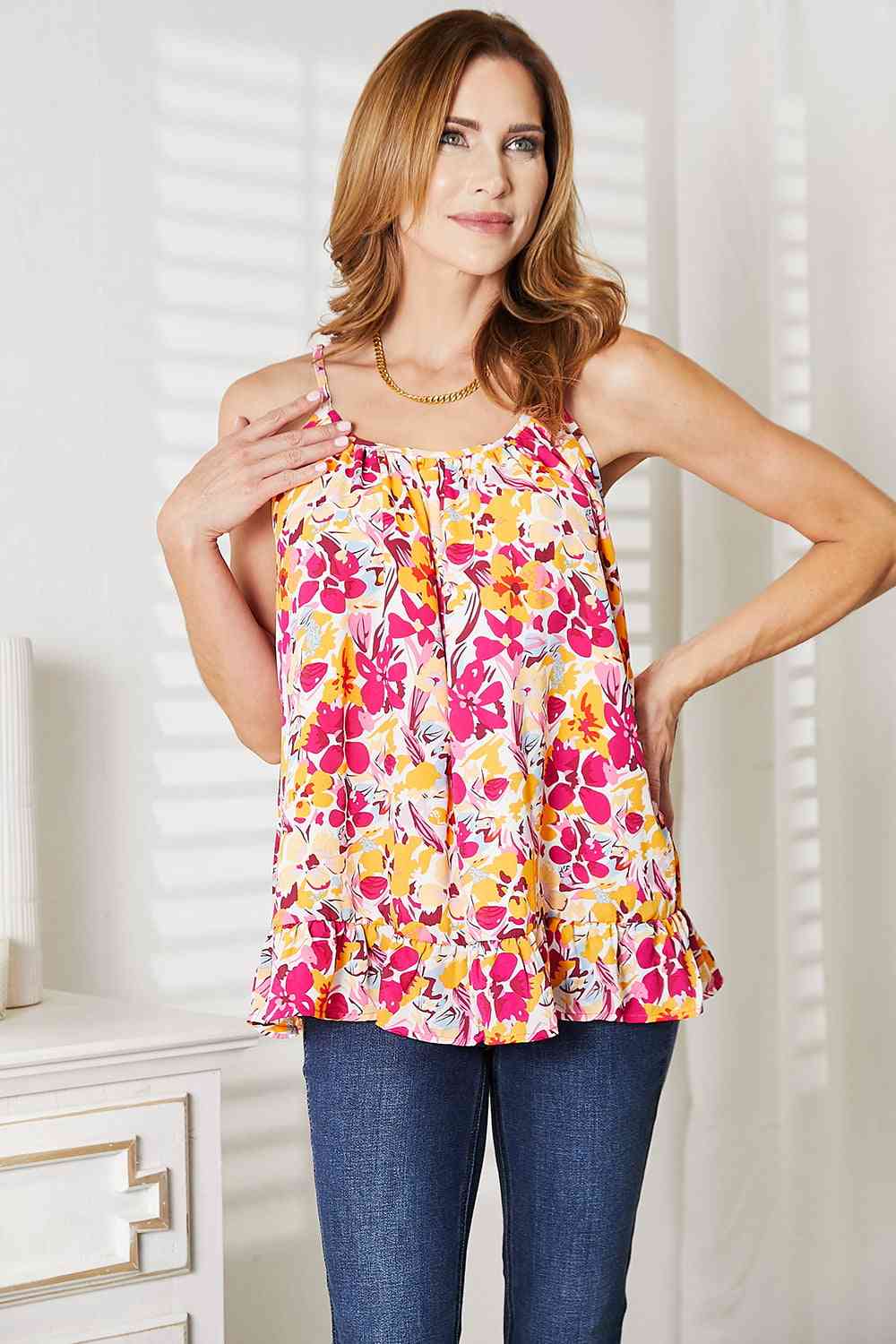 Double Take Floral Scoop Neck Ruffle Hem Cami  | KIKI COUTURE