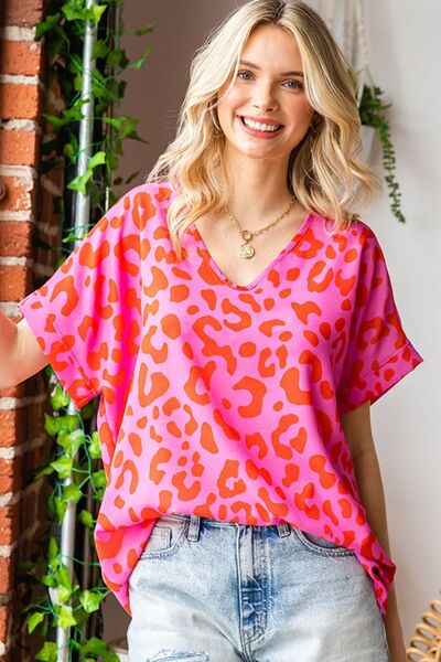First Love Leopard V-Neck Short Sleeve Woven Top  | KIKI COUTURE