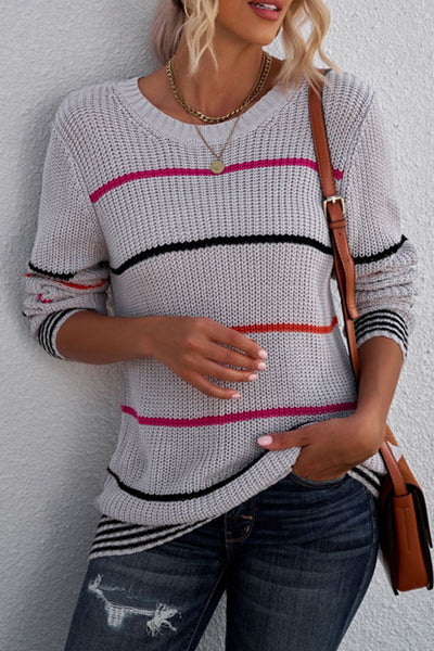 Striped Ribbed Round Neck Long Sleeve Sweater  | KIKI COUTURE-Women's Clothing, Designer Fashions, Shoes, Bags