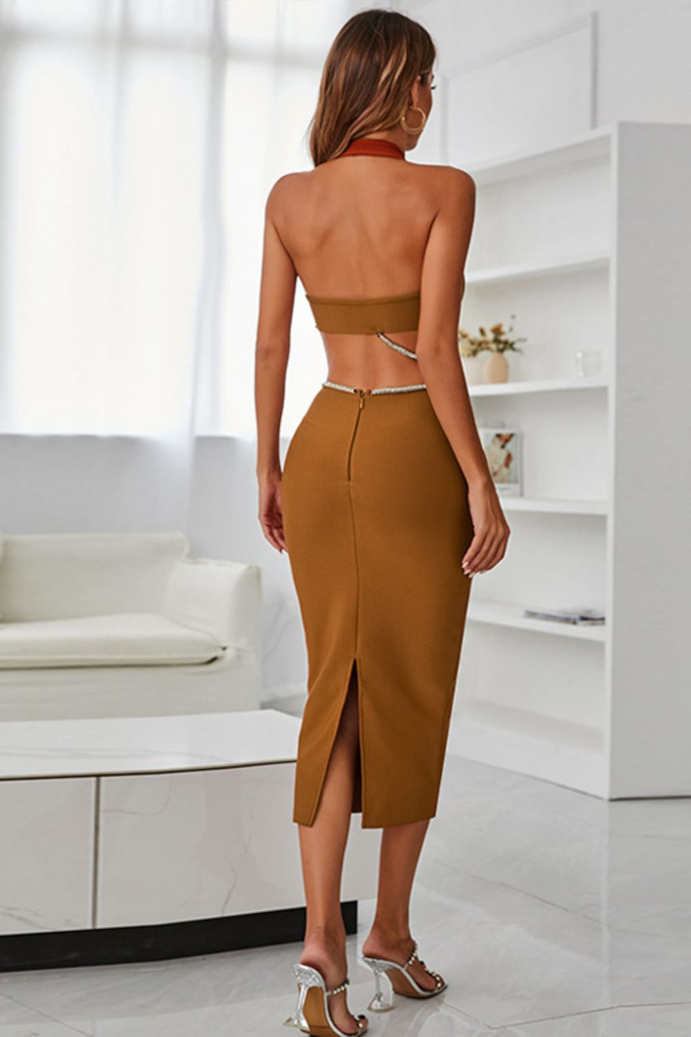 Rhinestone Halter Neck Cutout Slit Midi Dress  | KIKI COUTURE-Women's Clothing, Designer Fashions, Shoes, Bags