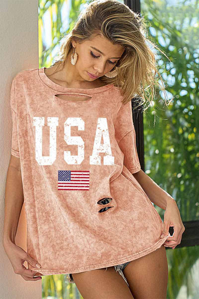 BiBi Washed American Flag Graphic Distressed T-Shirt  | KIKI COUTURE