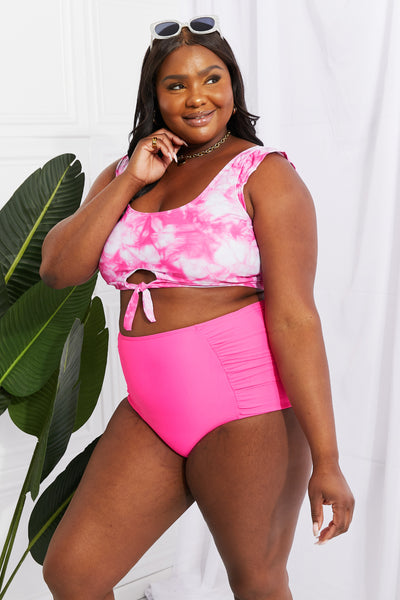 Marina West Swim Sanibel Crop Swim Top and Ruched Bottoms Set in Pink  | KIKI COUTURE