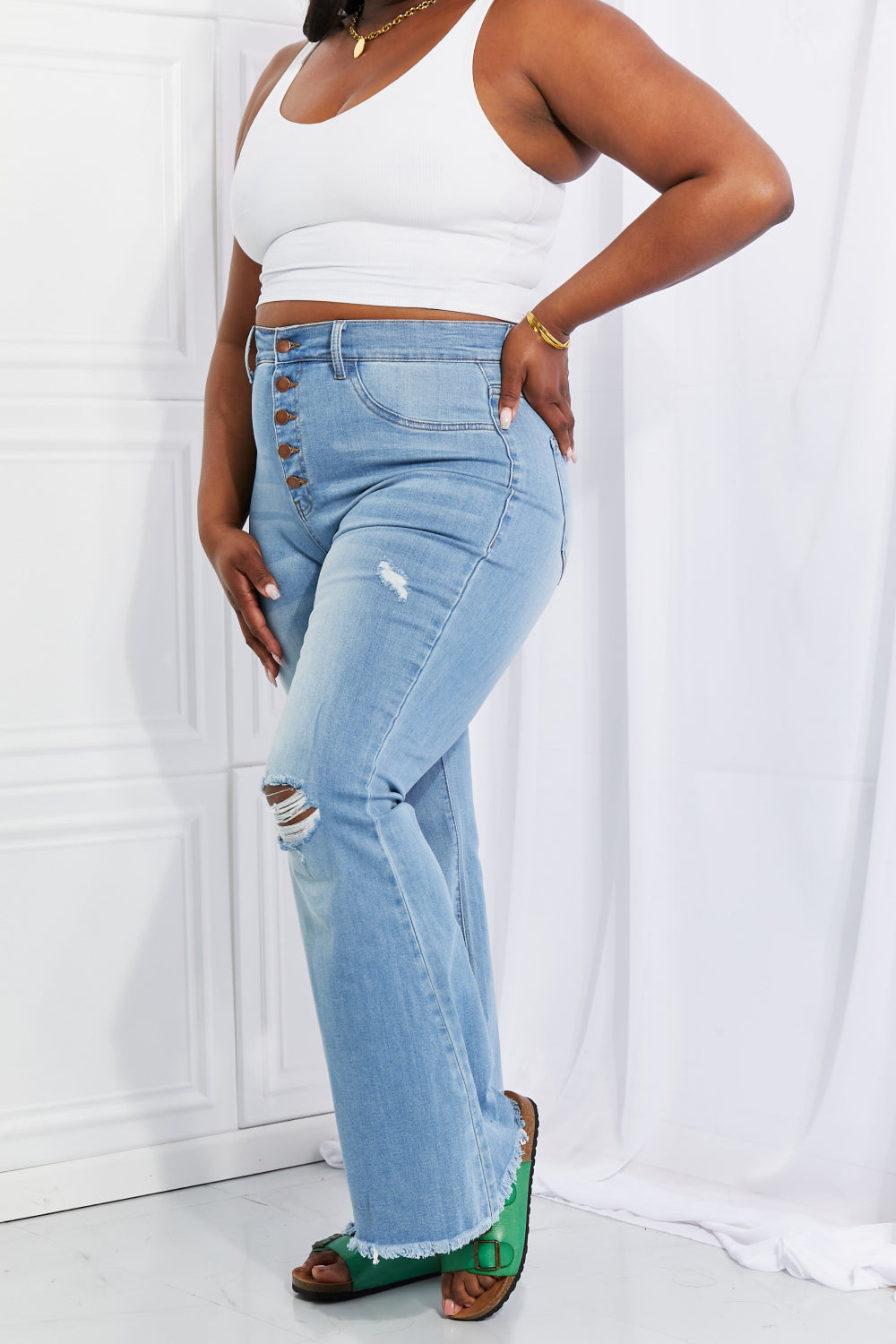 Vibrant MIU Full Size Jess Button Flare Jeans  | KIKI COUTURE