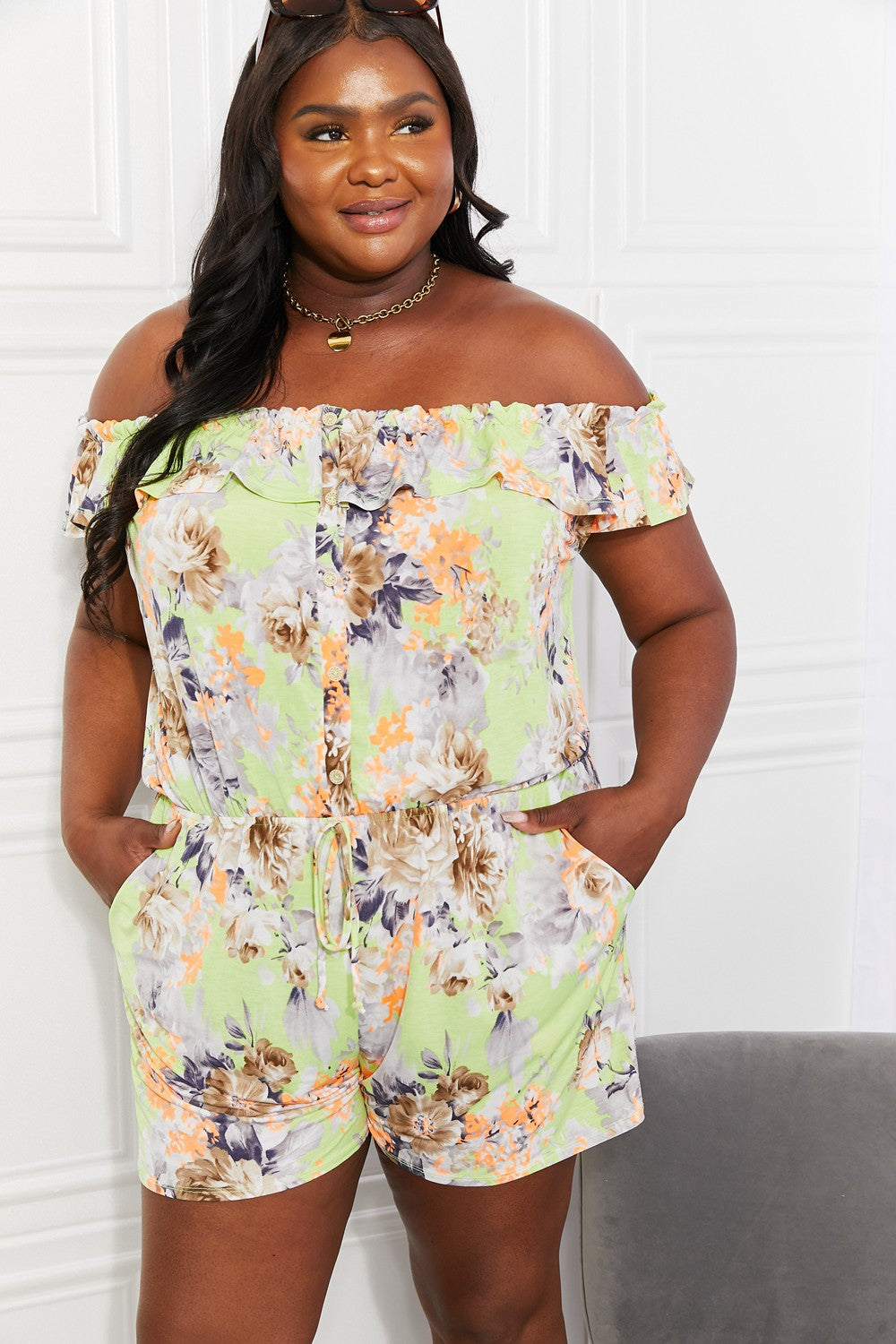 Sew In Love Full Size Pure Delight Floral Off-Shoulder Romper  | KIKI COUTURE