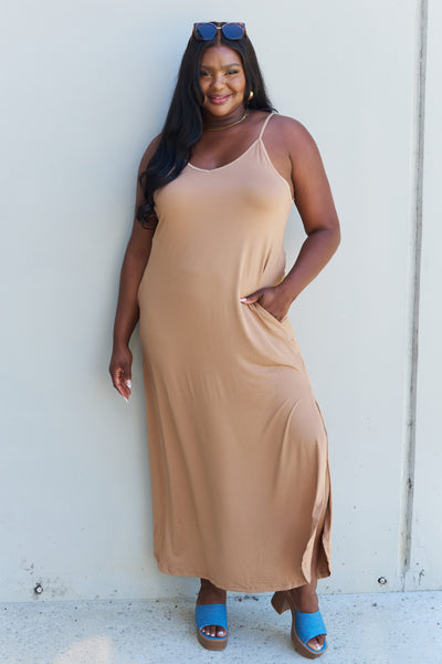 Ninexis Good Energy Full Size Cami Side Slit Maxi Dress in Camel  | KIKI COUTURE