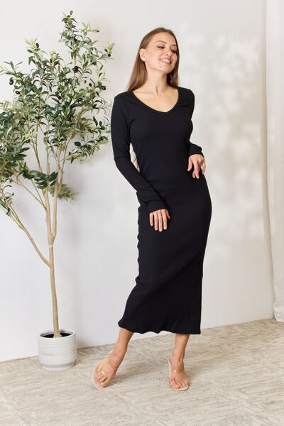 Culture Code Full Size Ribbed Long Sleeve Midi Slit Dress  | KIKI COUTURE