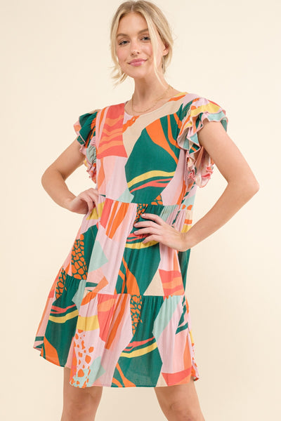 And The Why Printed Double Ruffle Sleeve Dress  | KIKI COUTURE