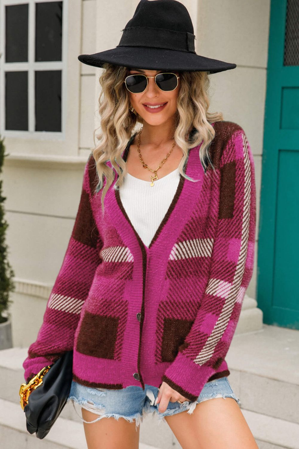 Striped Button-Front Fuzzy Cardigan  | KIKI COUTURE-Women's Clothing, Designer Fashions, Shoes, Bags