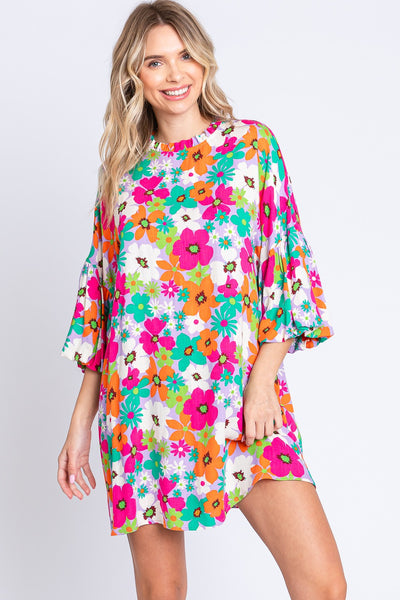 GeeGee Full Size Floral Round Neck Lantern Sleeve Mini Dress  | KIKI COUTURE