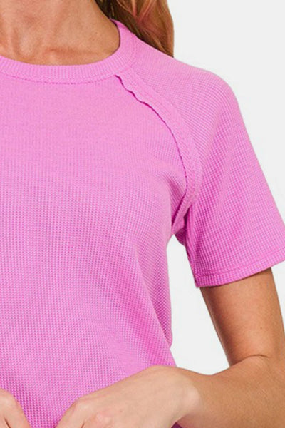 Zenana Round Neck Short Sleeve Waffle T-Shirt  | KIKI COUTURE