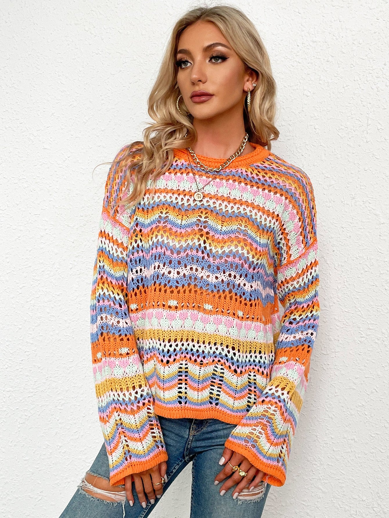 Rainbow Stripe Openwork Flare Sleeve Knit Top  | KIKI COUTURE-Women's Clothing, Designer Fashions, Shoes, Bags