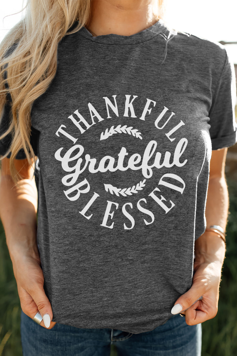 THANKFUL GRATEFUL BLESSED Graphic Crewneck Tee  | KIKI COUTURE-Women's Clothing, Designer Fashions, Shoes, Bags