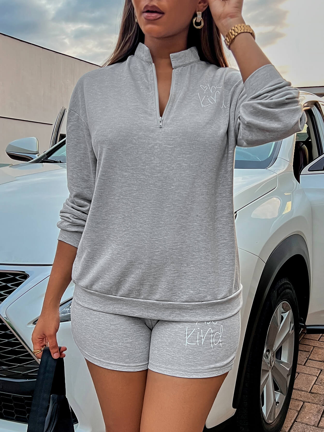 BE KIND Graphic Quarter-Zip Sweatshirt and Shorts Set  | KIKI COUTURE-Women's Clothing, Designer Fashions, Shoes, Bags