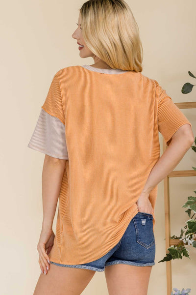 Celeste Full Size Ribbed Color Block Short Sleeve T-Shirt  | KIKI COUTURE