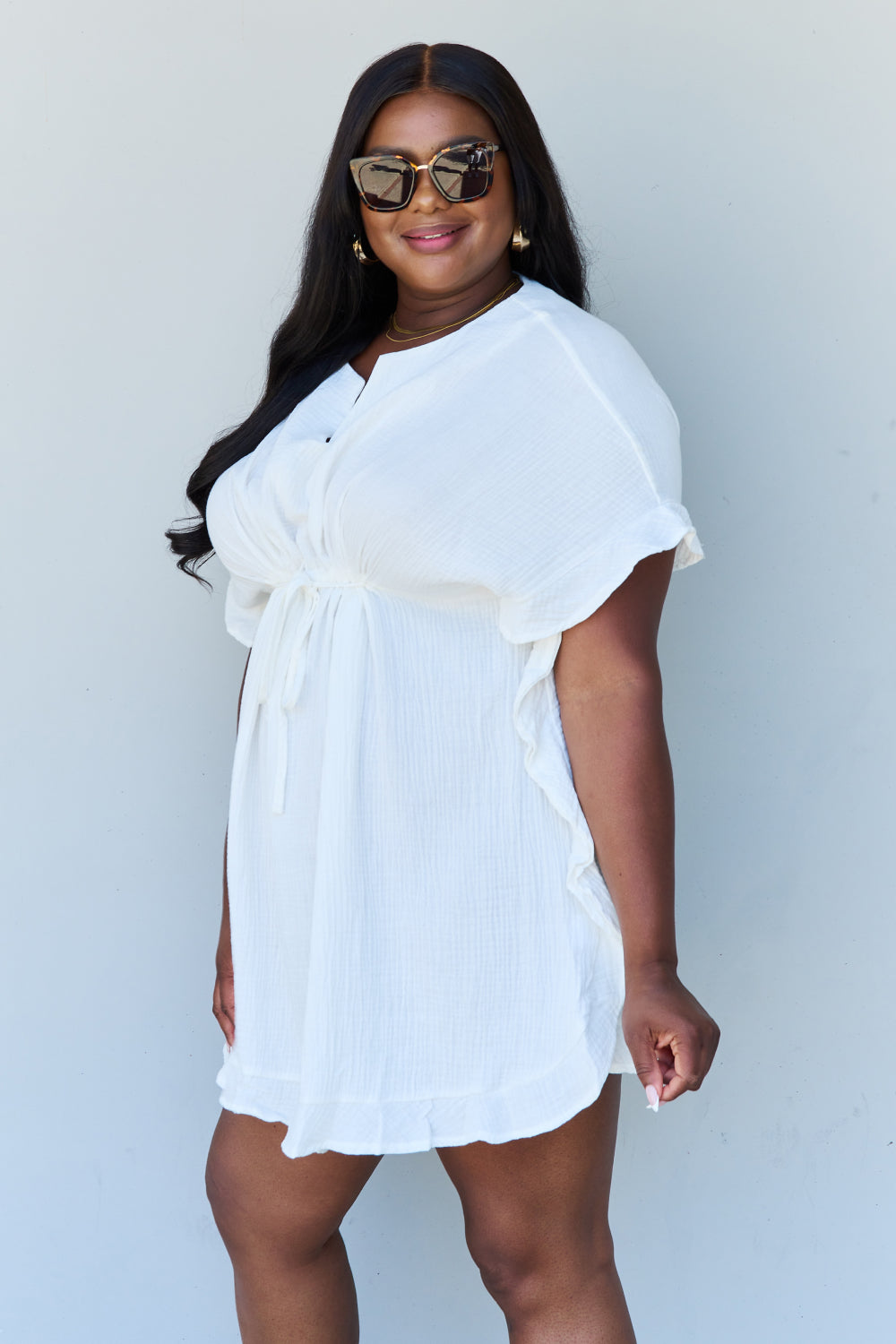 Ninexis Out Of Time Full Size Ruffle Hem Dress with Drawstring Waistband in White  | KIKI COUTURE