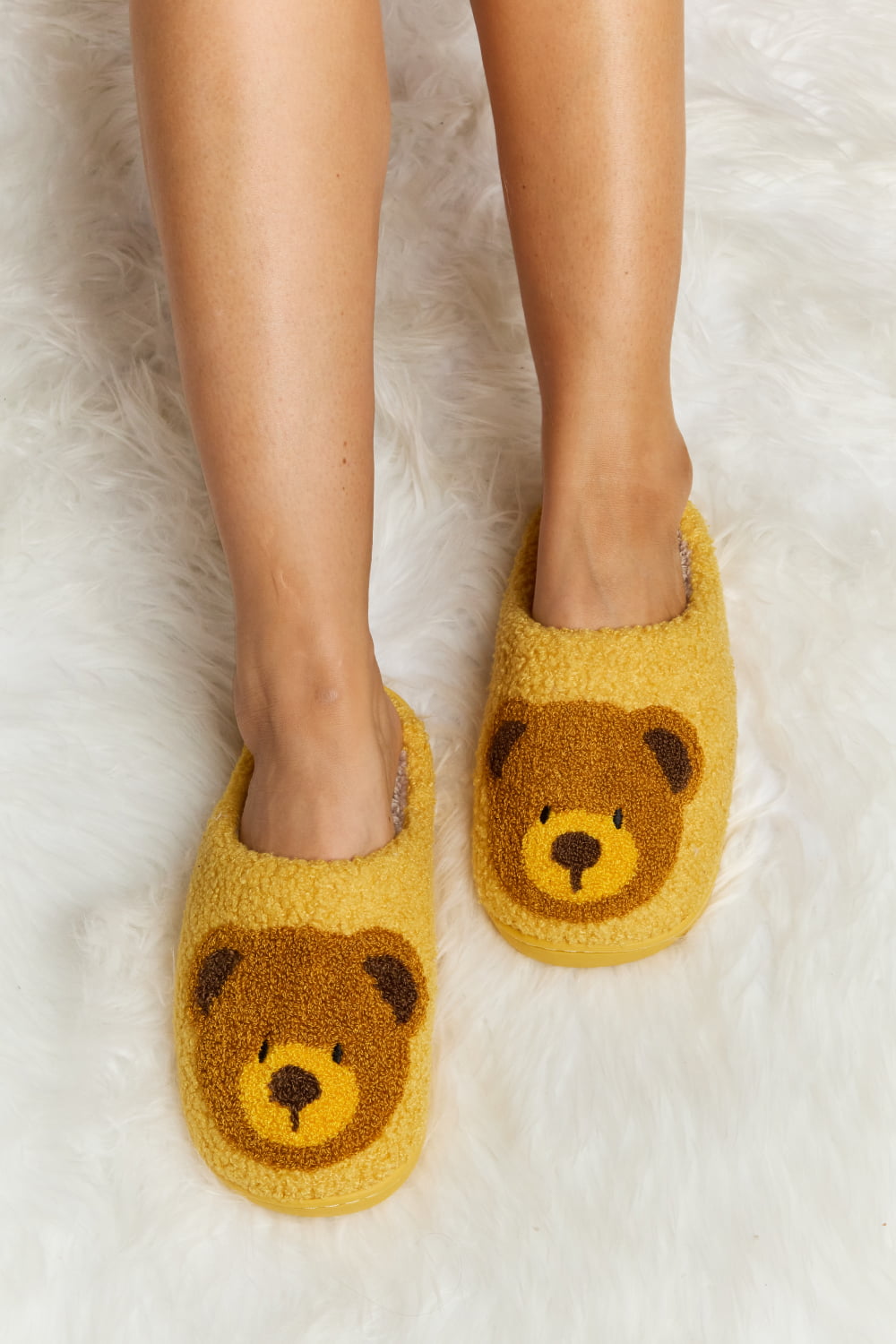 Melody Teddy Bear Print Plush Slide Slippers  | KIKI COUTURE