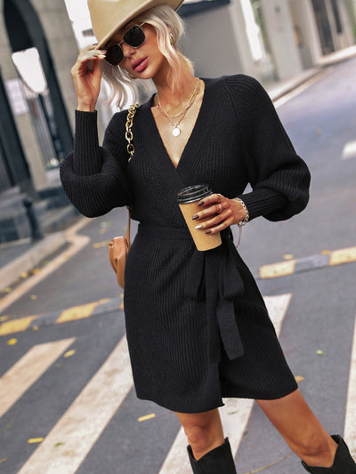 Belted Surplice Lantern Sleeve Wrap Sweater Dress  | KIKI COUTURE-Women's Clothing, Designer Fashions, Shoes, Bags