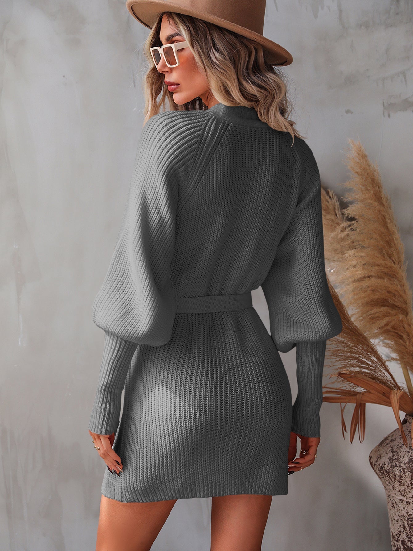 Belted Surplice Lantern Sleeve Wrap Sweater Dress  | KIKI COUTURE-Women's Clothing, Designer Fashions, Shoes, Bags