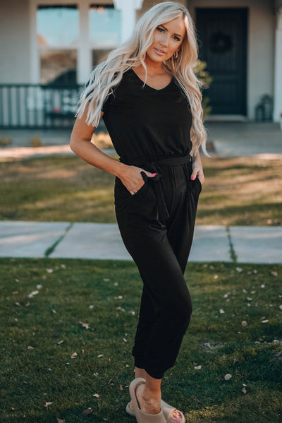Belted V-Neck Jogger Jumpsuit  | KIKI COUTURE-Women's Clothing, Designer Fashions, Shoes, Bags