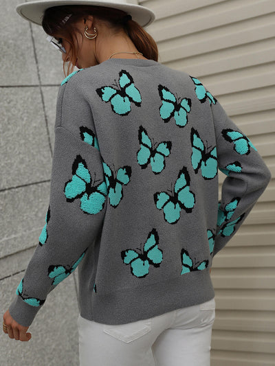 Butterfly Dropped Shoulder Crewneck Sweater  | KIKI COUTURE-Women's Clothing, Designer Fashions, Shoes, Bags