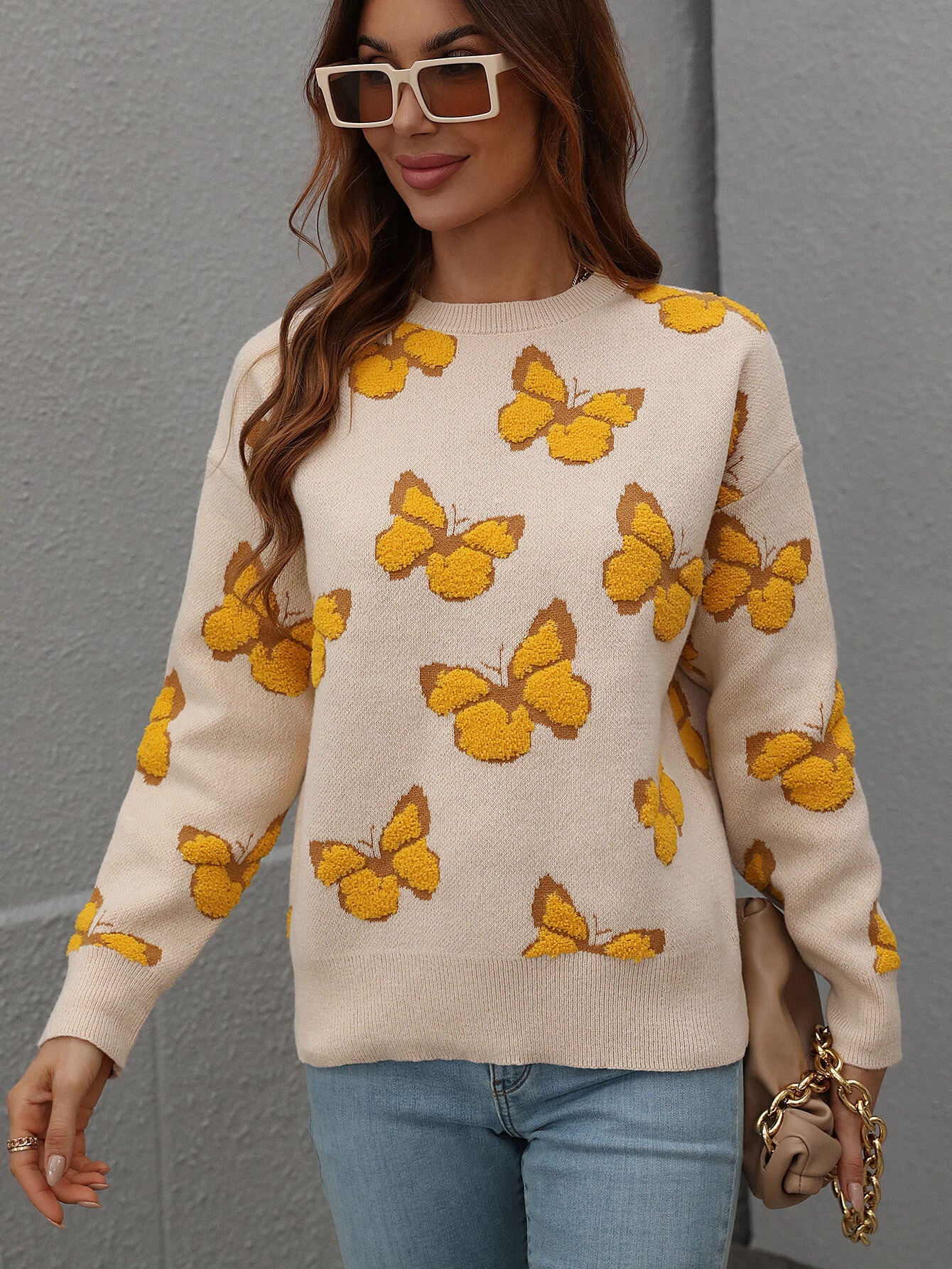 Butterfly Dropped Shoulder Crewneck Sweater  | KIKI COUTURE-Women's Clothing, Designer Fashions, Shoes, Bags