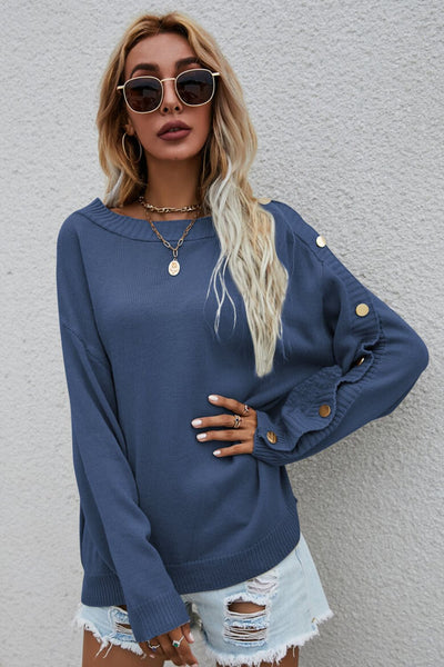 Button Detail Boat Neck Sweater  | KIKI COUTURE-Women's Clothing, Designer Fashions, Shoes, Bags