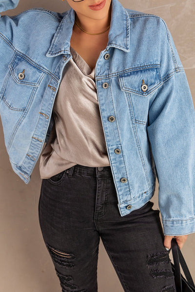 Button Down Dropped Shoulder Denim Jacket  | KIKI COUTURE-Women's Clothing, Designer Fashions, Shoes, Bags