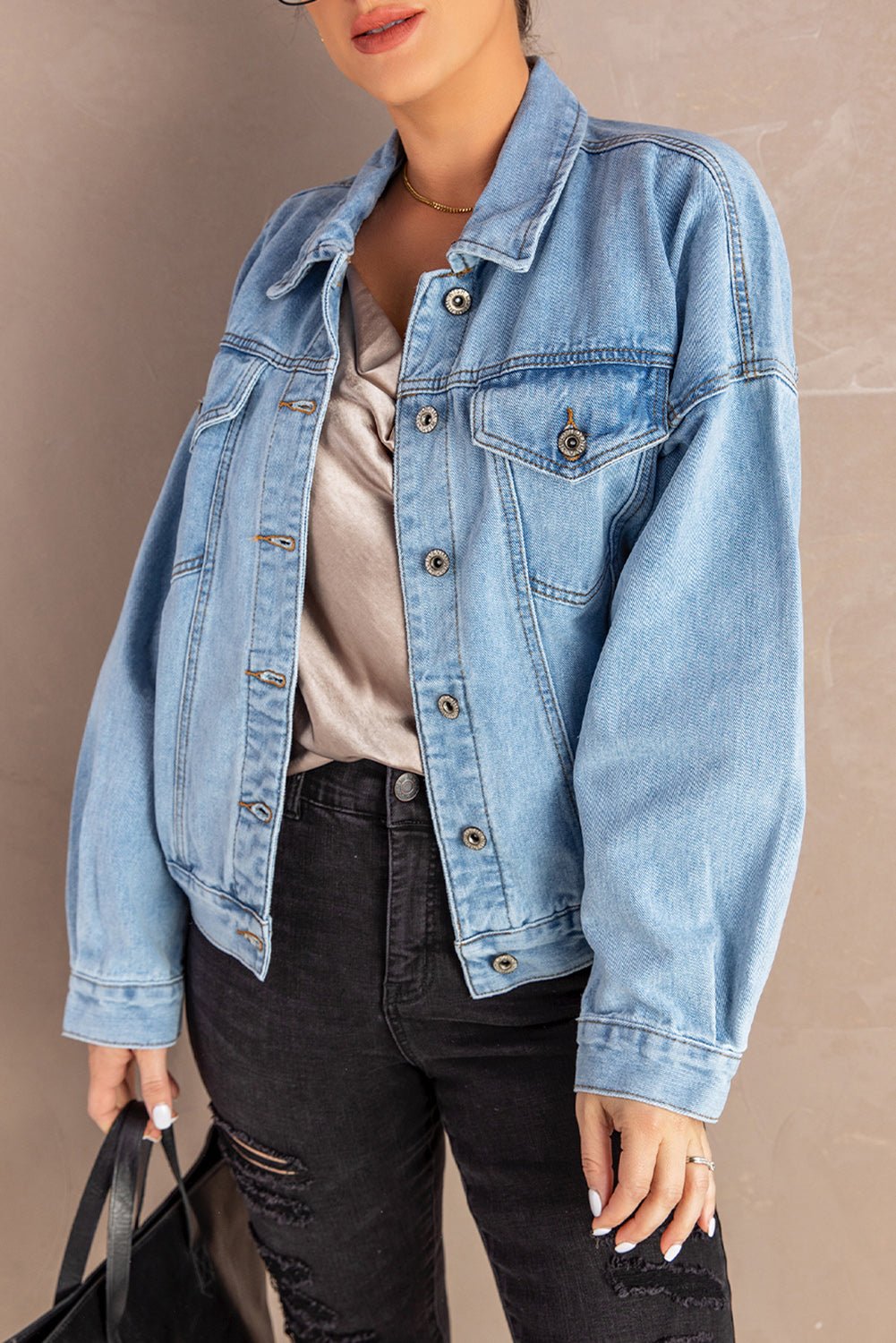Button Down Dropped Shoulder Denim Jacket  | KIKI COUTURE-Women's Clothing, Designer Fashions, Shoes, Bags