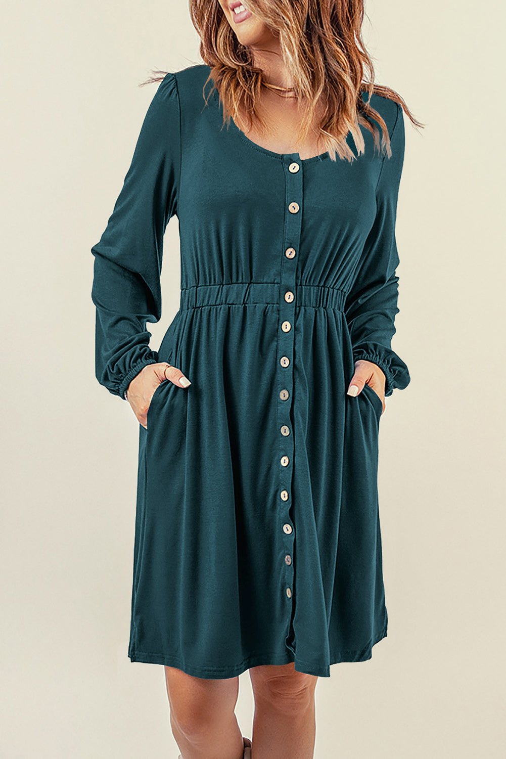 Button Down Long Sleeve Dress with Pockets  | KIKI COUTURE-Women's Clothing, Designer Fashions, Shoes, Bags