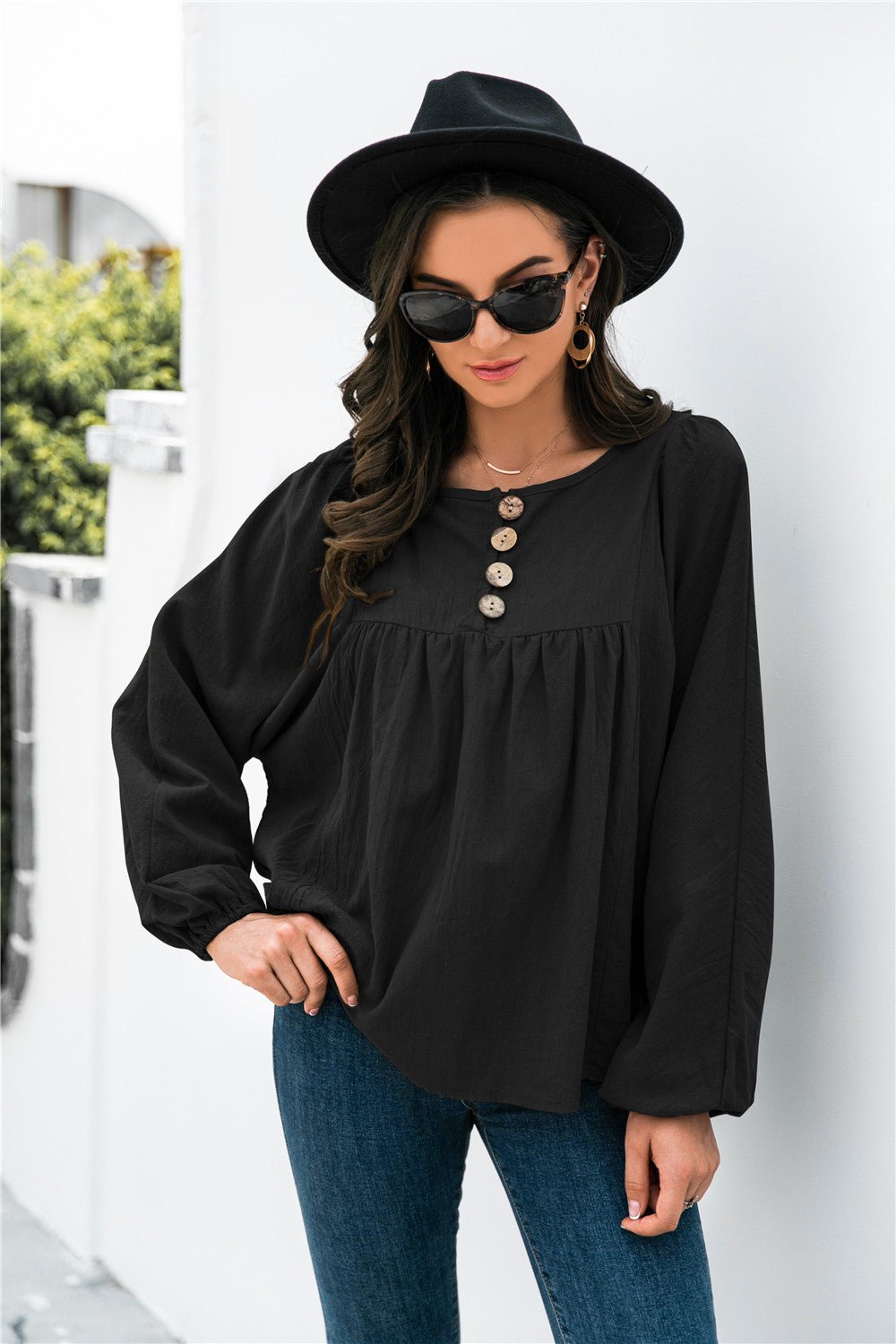 Button Up Balloon Sleeve Blouse  | KIKI COUTURE-Women's Clothing, Designer Fashions, Shoes, Bags