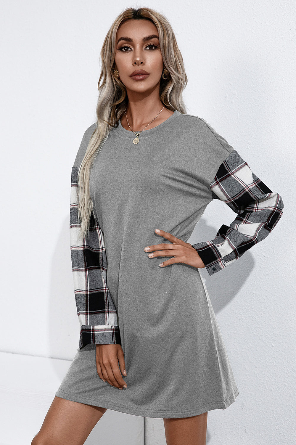 Plaid Sleeve Contrast T-Shirt Dress  | KIKI COUTURE-Women's Clothing, Designer Fashions, Shoes, Bags