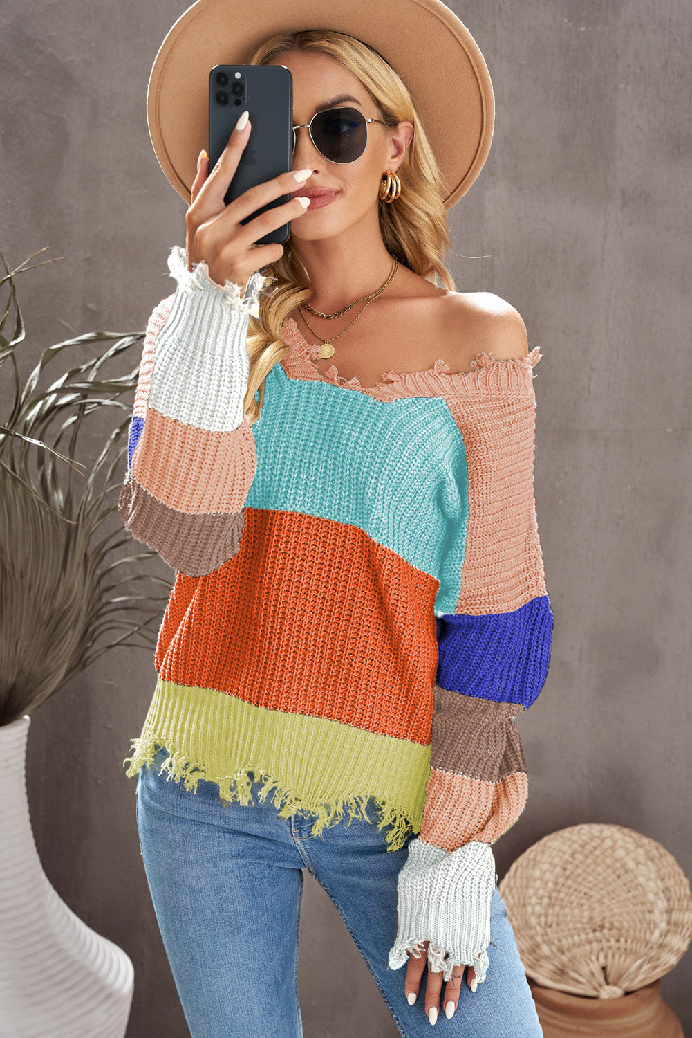 Color Block Distressed V-Neck Ribbed Sweater  | KIKI COUTURE-Women's Clothing, Designer Fashions, Shoes, Bags