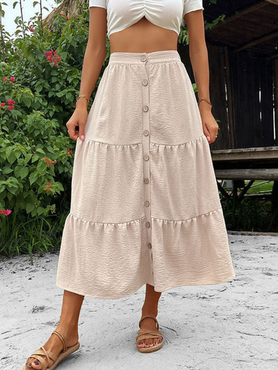 Button Down Tiered Midi Skirt  | KIKI COUTURE-Women's Clothing, Designer Fashions, Shoes, Bags