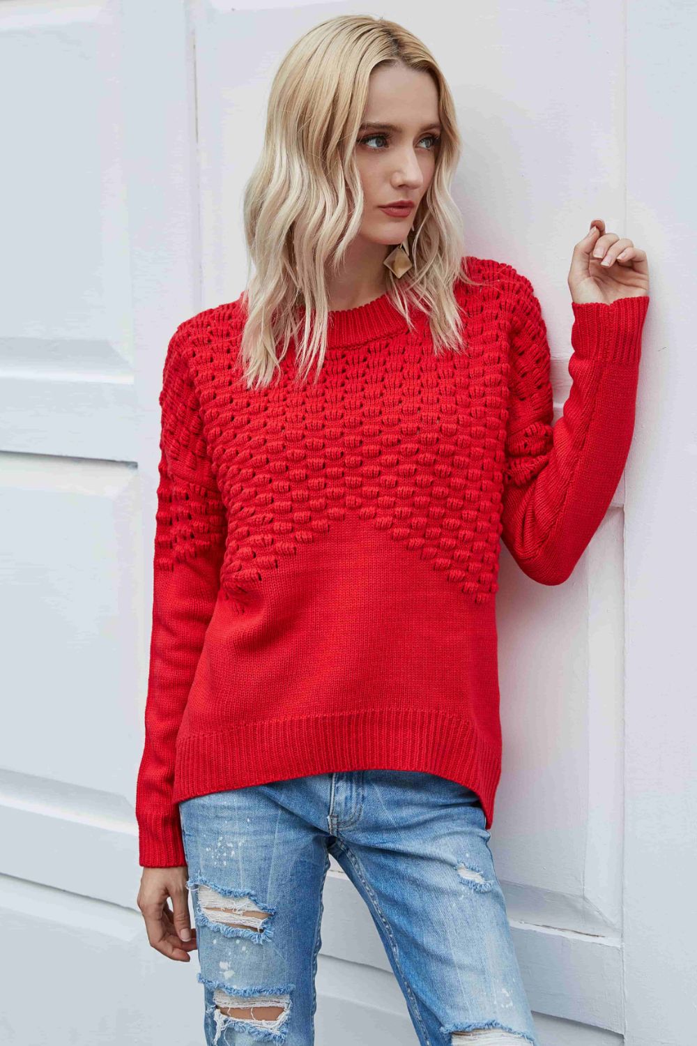 Pom-Pom Drop Shoulder Ribbed Trim Sweater  | KIKI COUTURE-Women's Clothing, Designer Fashions, Shoes, Bags