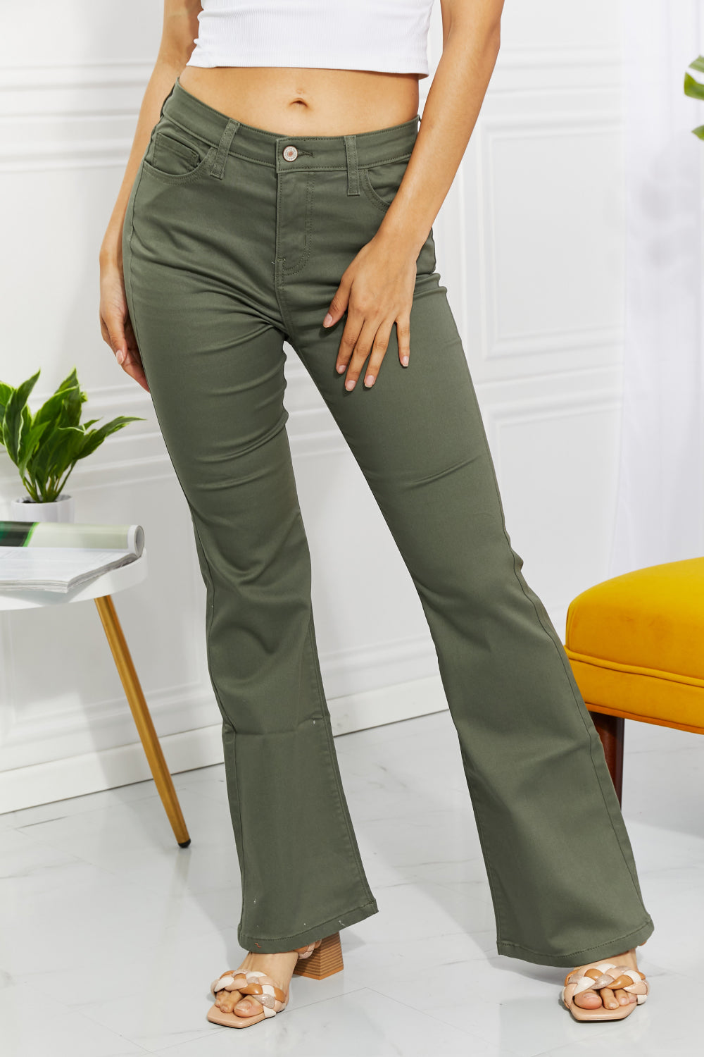 Zenana Clementine Full Size High-Rise Bootcut Jeans in Olive  | KIKI COUTURE