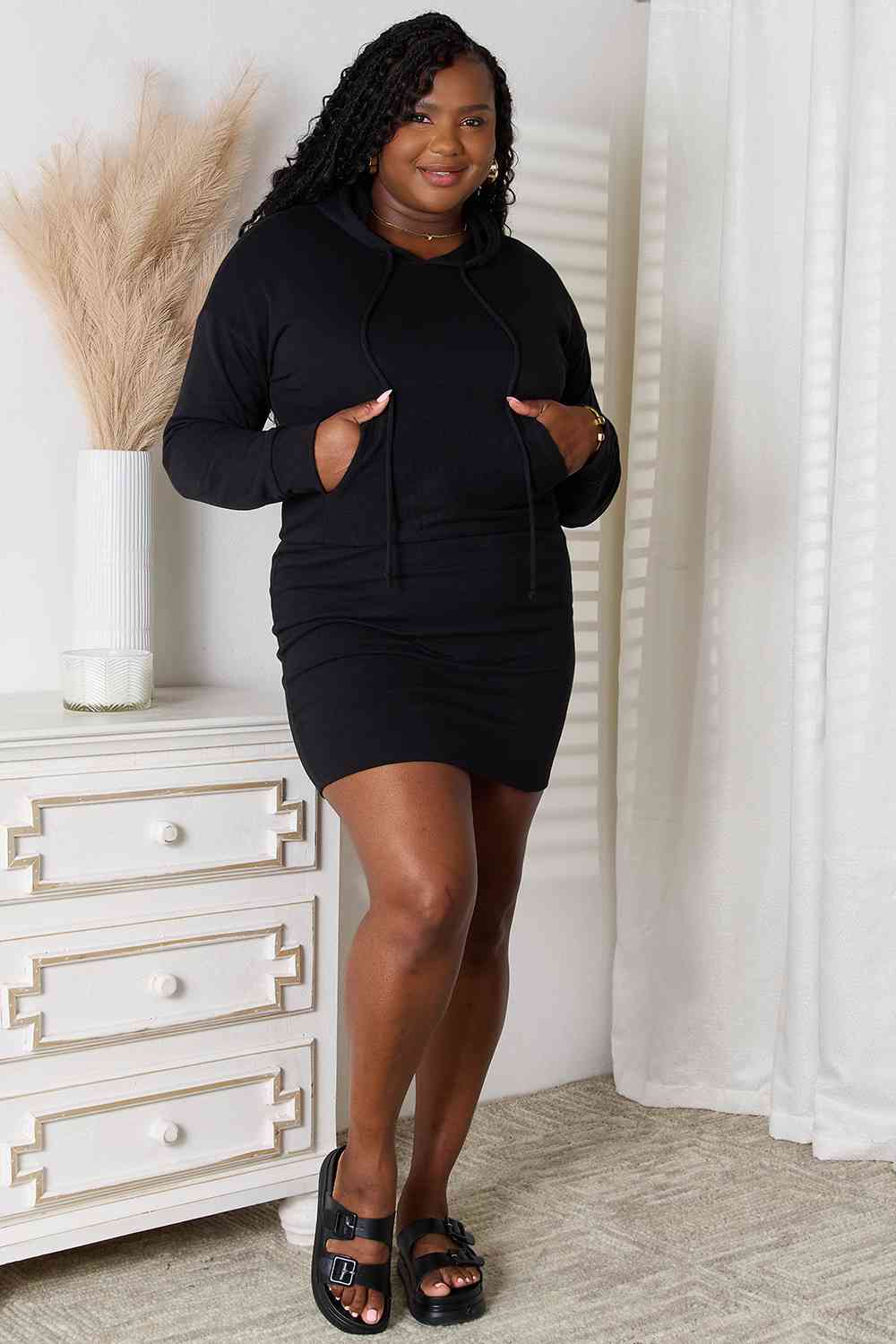 Culture Code Full Size Drawstring Long Sleeve Hooded Dress  | KIKI COUTURE