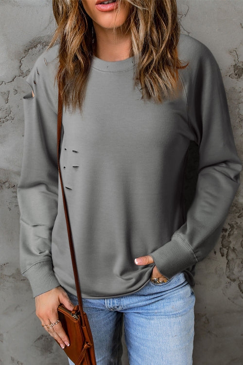 Distressed Long Raglan Sleeve Top  | KIKI COUTURE-Women's Clothing, Designer Fashions, Shoes, Bags