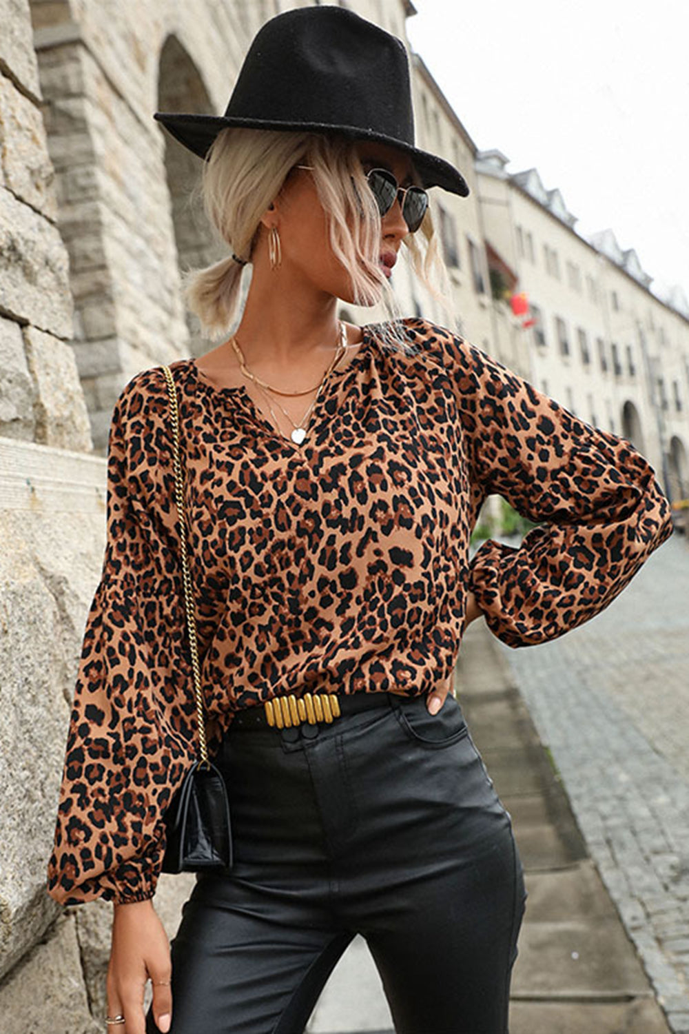 Leopard Lantern Sleeve Blouse  | KIKI COUTURE-Women's Clothing, Designer Fashions, Shoes, Bags