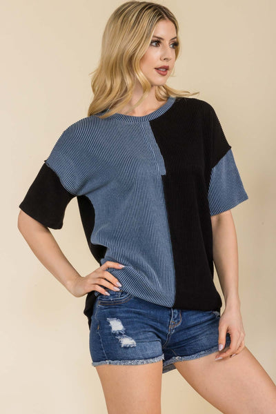 Celeste Full Size Ribbed Color Block Short Sleeve T-Shirt  | KIKI COUTURE