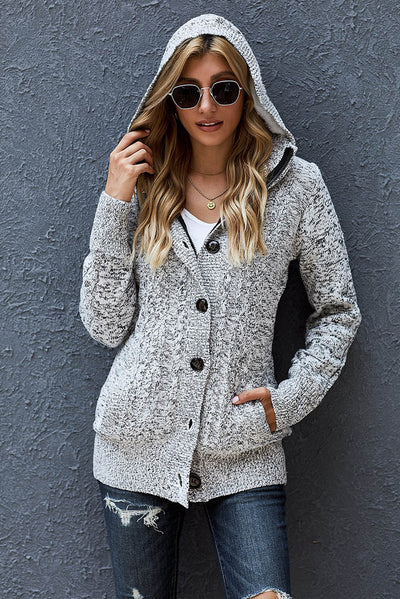Cable-Knit Fleece Lining Button-Up Hooded Cardigan  | KIKI COUTURE-Women's Clothing, Designer Fashions, Shoes, Bags