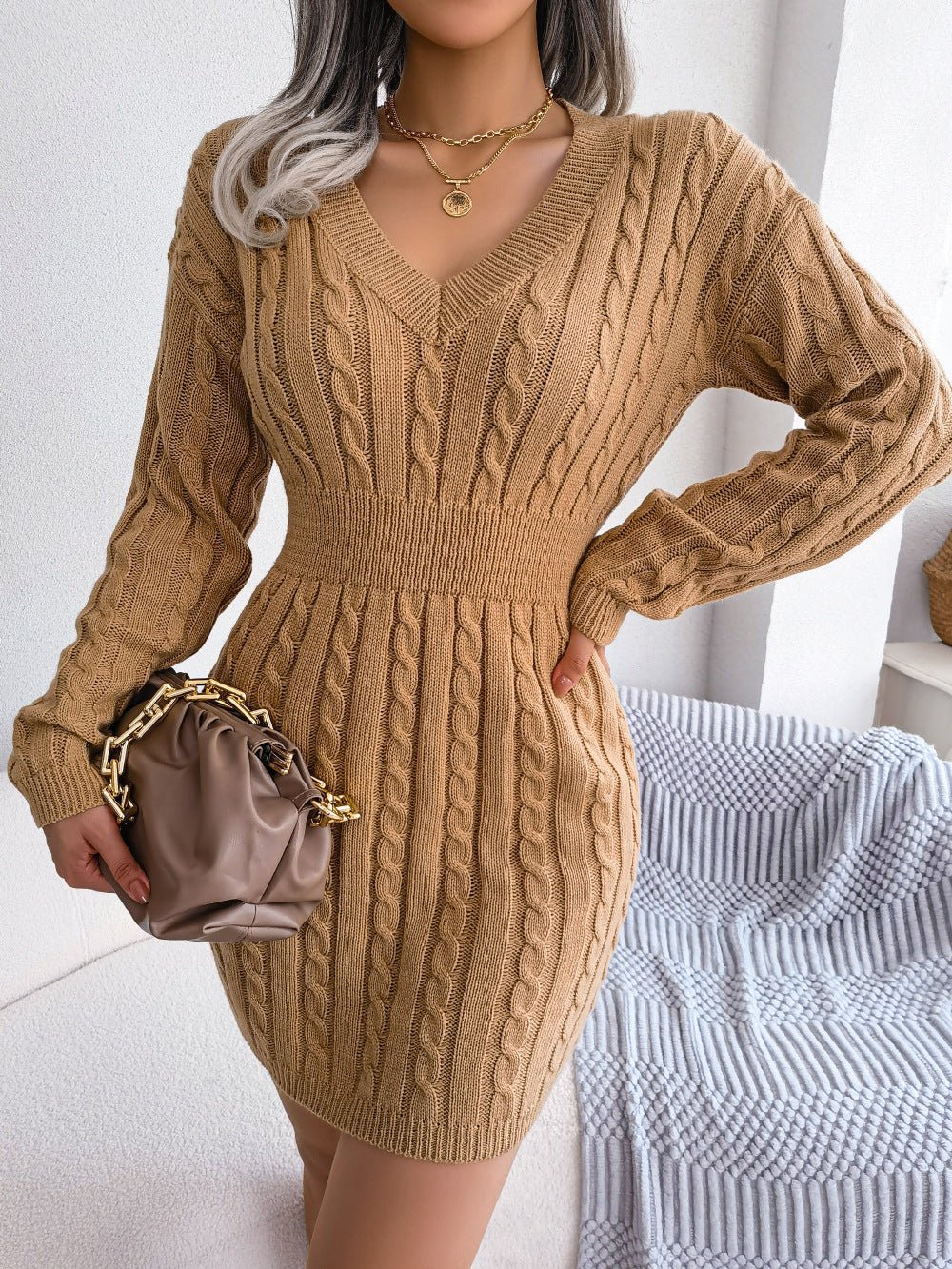 Cable-Knit V-Neck Mini Sweater Dress  | KIKI COUTURE-Women's Clothing, Designer Fashions, Shoes, Bags