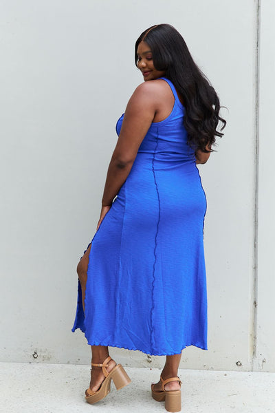 Culture Code Look At Me Full Size Notch Neck Maxi Dress with Slit in Cobalt Blue  | KIKI COUTURE