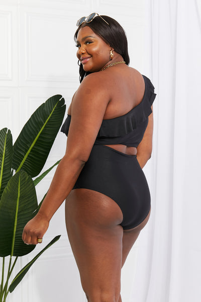 Marina West Swim Seaside Romance Ruffle One-Shoulder Bikini in Black  | KIKI COUTURE
